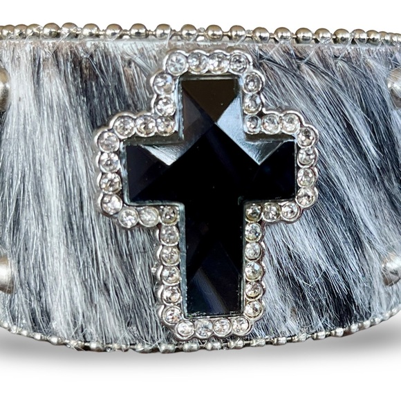 Hair On Cowhide Salt n Pepper Black Cross & Silver Crystal Studded Cuff Bracelet - Picture 2 of 8